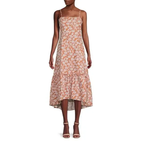 Saks Fifth Avenue Floral Ruffle Linen Blend Midi Dress Size L Brown White - Picture 2 of 12